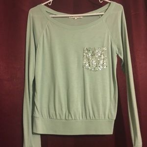 Soft long sleeve light green blouse sequin pocket